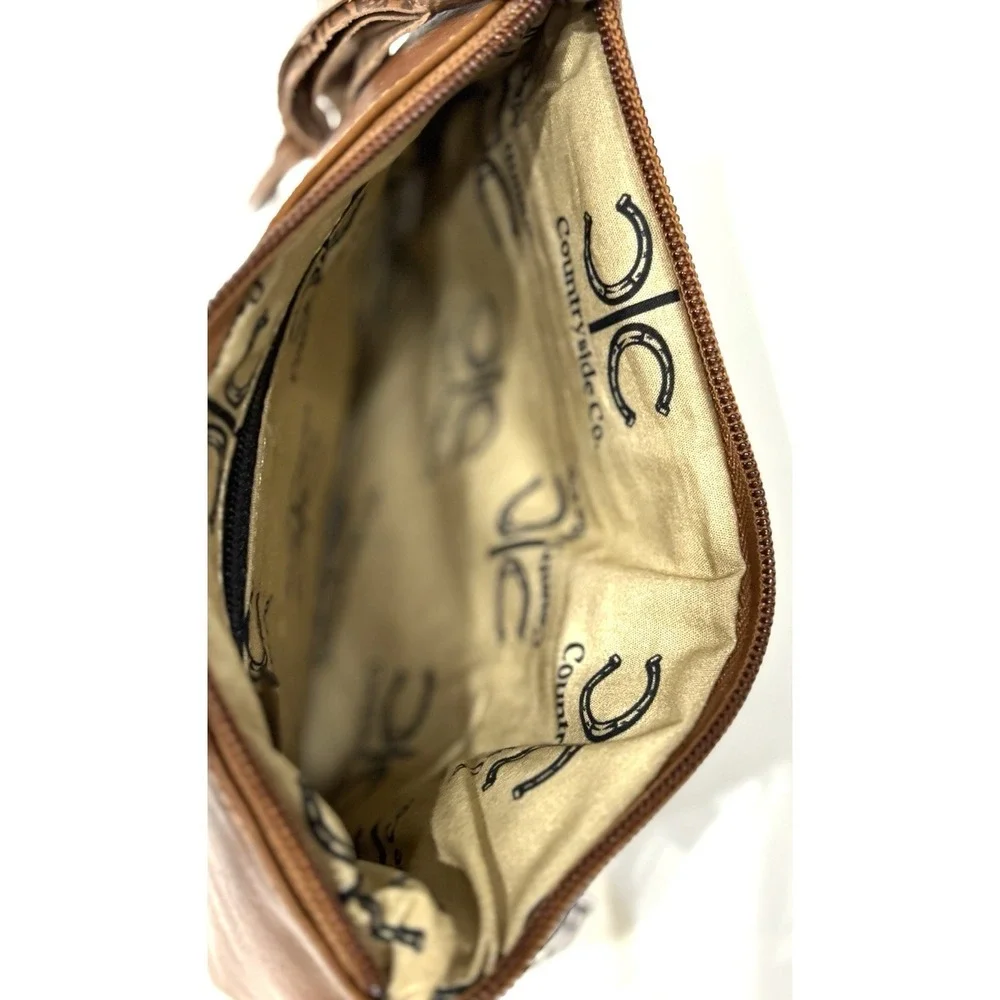 Countryside Co. Cowhide Tooled Leather Wristlet Clutch Brown White NWT